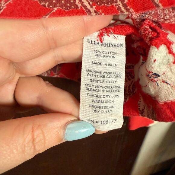 ULLA JOHNSON | Terese Red Floral Cotton Puff Sleeve Blouse | Size 6 - Picture 8 of 9